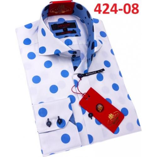 Axxess White / Blue Polka Dot Cotton Modern Fit Dress Shirt With Button Cuff  424-08